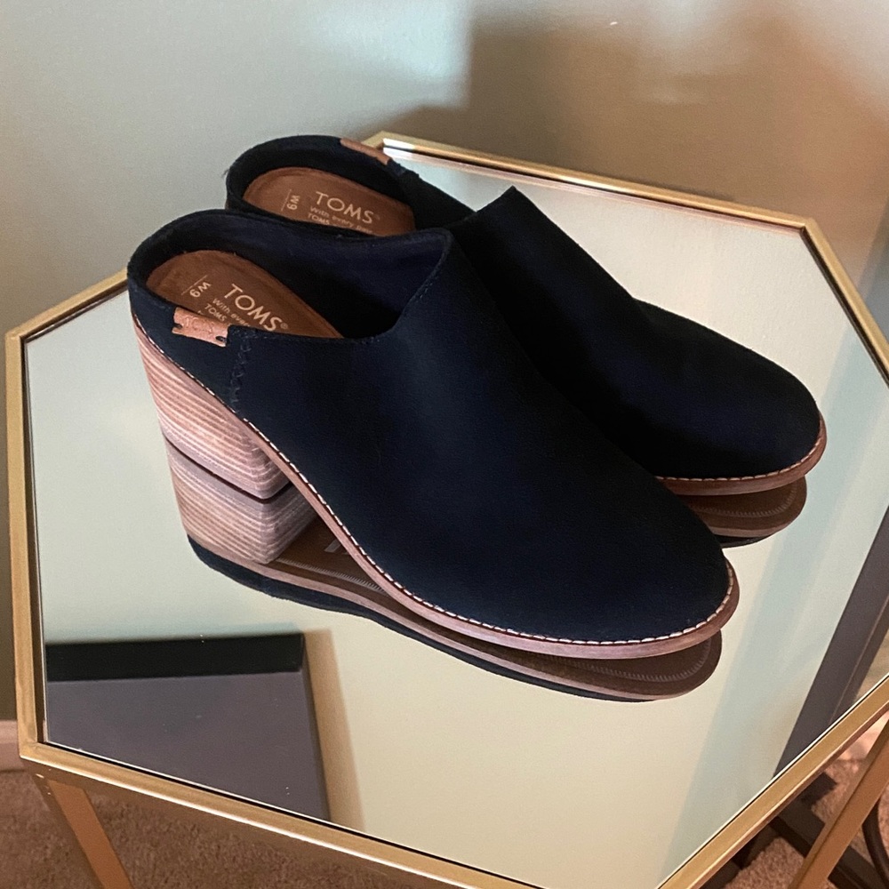 TOMS Black Suede Clogs with Wooden Heel - Picture 4 of 9